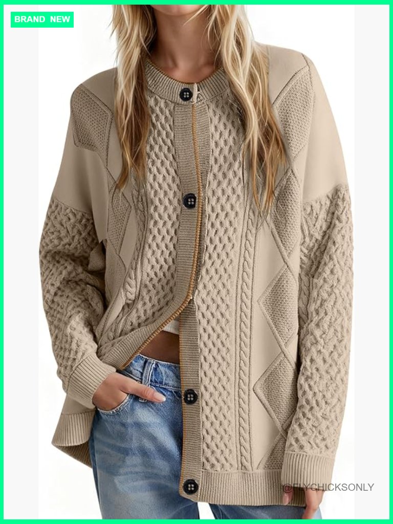 Chunky Acrylic Blend Cable Knit Cardigan Sweater Button Front Jacket